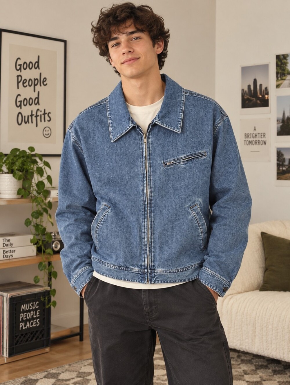 UNIQLO men’s blue denim zip-front jacket NWT Large Zip Up Blouson